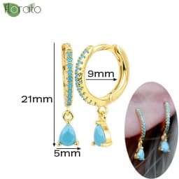 925 Sterling Silver Needle Fashion Turquoise Color Water Drop Pendant Earrings Small Hoop Earrings for Women Luxury Jewelry Gift