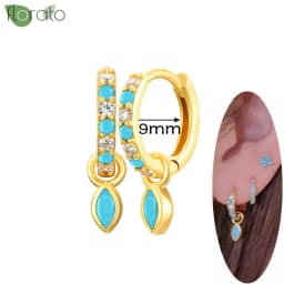 925 Sterling Silver Needle Fashion Turquoise Color Water Drop Pendant Earrings Small Hoop Earrings for Women Luxury Jewelry Gift