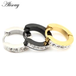 Alisouy 2pcs Cute Crystal Zircon Small circle Round Hoop Earrings For Women Men Stainless Steel Ear Cuff Brincos Huggie Jewelry