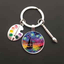2021HOT retro oil painting character sailing wolf chicken men's and women's key ring charm car bag pendant glass key ring gift