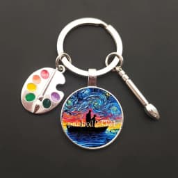 2021HOT retro oil painting character sailing wolf chicken men's and women's key ring charm car bag pendant glass key ring gift