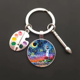2021HOT retro oil painting character sailing wolf chicken men's and women's key ring charm car bag pendant glass key ring gift