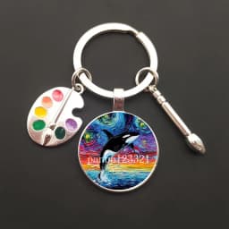 2021HOT retro oil painting character sailing wolf chicken men's and women's key ring charm car bag pendant glass key ring gift