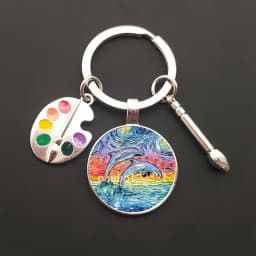 2021HOT retro oil painting character sailing wolf chicken men's and women's key ring charm car bag pendant glass key ring gift