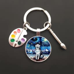 2021HOT retro oil painting character sailing wolf chicken men's and women's key ring charm car bag pendant glass key ring gift