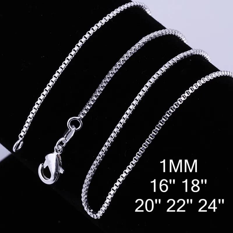 10pcs 16-24inch 925 Sterling Silver fashion 1MM Box chain for women Men necklace Charms wedding party jewelry Christmas gifts