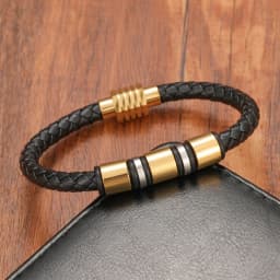 Simple Charm Braided Leather Stainless Steel Black Beaded Single Layer Chakra Bracelet Men's Couple Jewelry Gift
