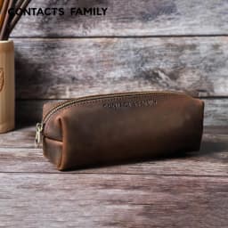 CONTACT'S FAMILY Vintage Genuine Leather Pencil Cases For Girls Boys Storage Pens Pouch Holder School Stationery Bags