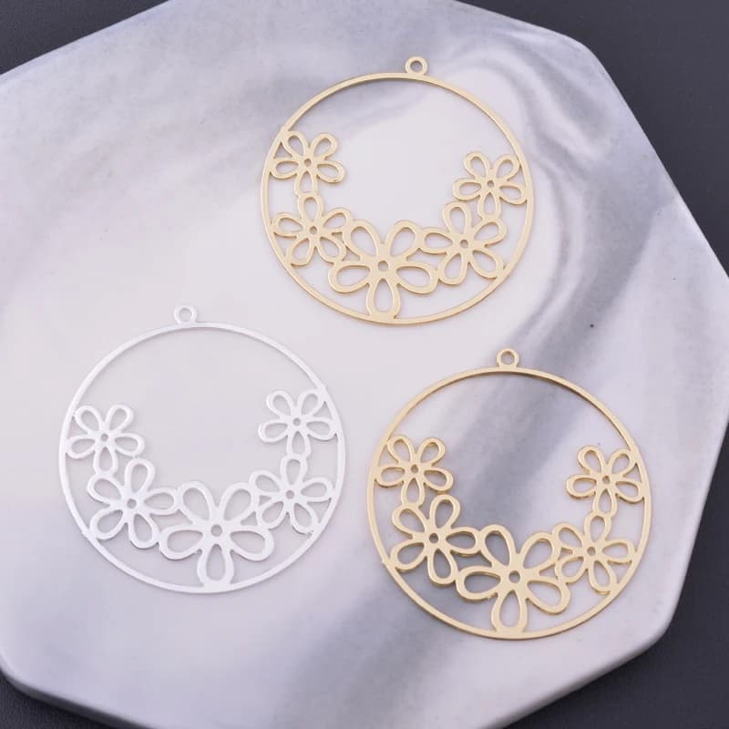 6pcs Diy Jewelry Light gold color Round Flower Charms Thin Pendant Silver Plated Earring Findings