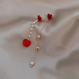 Korean New Asymmetric Red Heart Stud Earrings For Women Creative Hollow ECG Tassel Zircon Pearl Earrings Party Jewelry Gift
