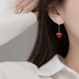 Korean New Asymmetric Red Heart Stud Earrings For Women Creative Hollow ECG Tassel Zircon Pearl Earrings Party Jewelry Gift