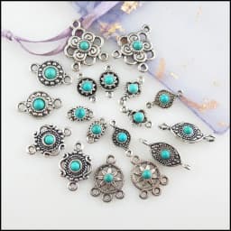 Fashion New Turquoise Stone Connectors Charms Flower Oval Round Tibetan Silver Plated Pendants Retro