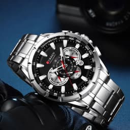 CURREN Men's Watch Casual Sports Chronograph Stainless Steel Strap Black Large Dial Quartz Waterproof Clock Luminous Display