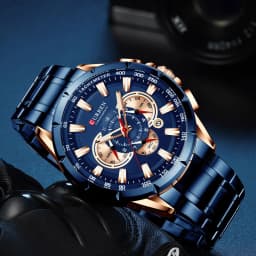CURREN Men's Watch Casual Sports Chronograph Stainless Steel Strap Black Large Dial Quartz Waterproof Clock Luminous Display