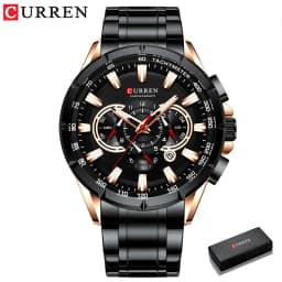 CURREN Men's Watch Casual Sports Chronograph Stainless Steel Strap Black Large Dial Quartz Waterproof Clock Luminous Display