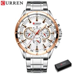 CURREN Men's Watch Casual Sports Chronograph Stainless Steel Strap Black Large Dial Quartz Waterproof Clock Luminous Display