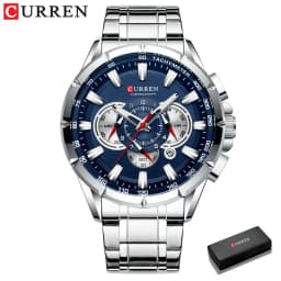 CURREN Men's Watch Casual Sports Chronograph Stainless Steel Strap Black Large Dial Quartz Waterproof Clock Luminous Display
