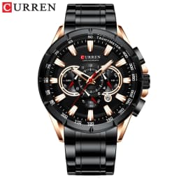 CURREN Men's Watch Casual Sports Chronograph Stainless Steel Strap Black Large Dial Quartz Waterproof Clock Luminous Display