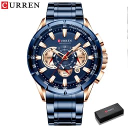 CURREN Men's Watch Casual Sports Chronograph Stainless Steel Strap Black Large Dial Quartz Waterproof Clock Luminous Display