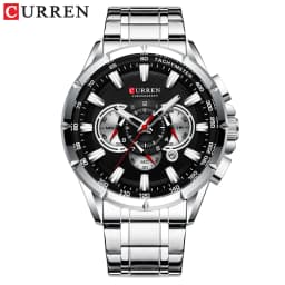 CURREN Men's Watch Casual Sports Chronograph Stainless Steel Strap Black Large Dial Quartz Waterproof Clock Luminous Display