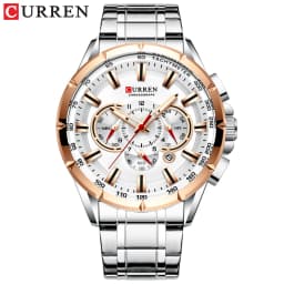 CURREN Men's Watch Casual Sports Chronograph Stainless Steel Strap Black Large Dial Quartz Waterproof Clock Luminous Display