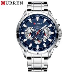 CURREN Men's Watch Casual Sports Chronograph Stainless Steel Strap Black Large Dial Quartz Waterproof Clock Luminous Display