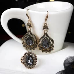 Sunspicems Luxury Gray Crystal Bridal Earring Ring For Women Antique Gold Color Bohemia Wedding Jewelry Sets Turkish Birdal Gift