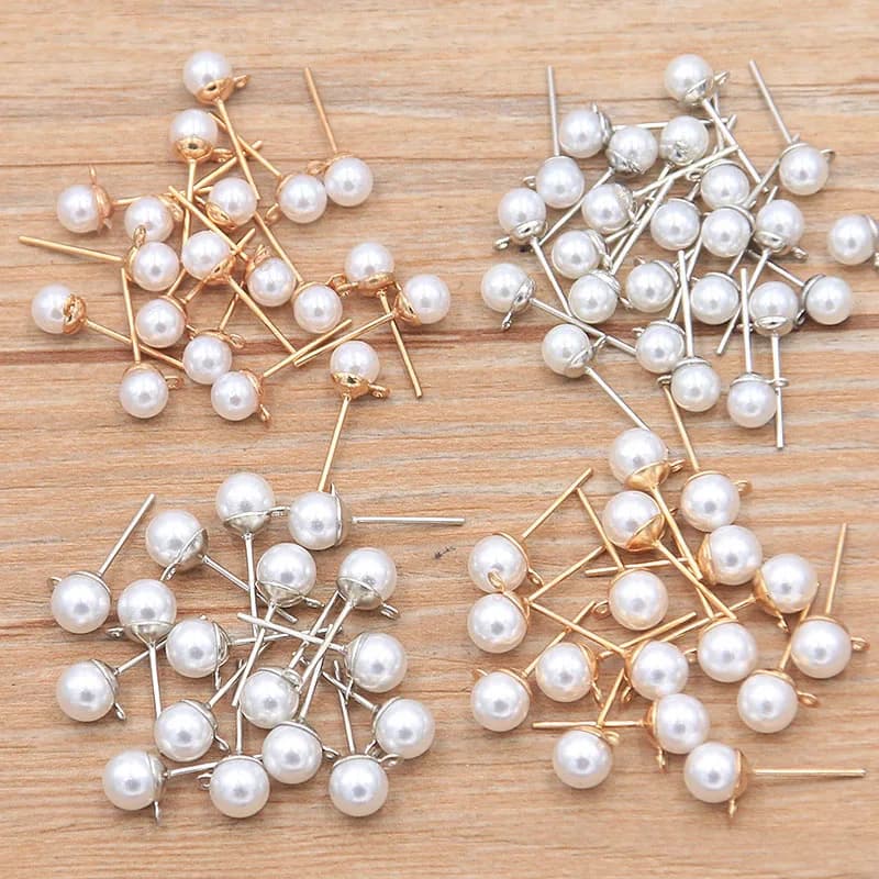 50Pcs 2 Color DIY Imitation Pearl Earrings Findings With Brick Clasps Jewelry Making Accessories Iron Hook Earwire Handmade