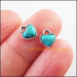 20Pcs Retro Gold Color Tibetan Silver Tone Tiny Heart Blue&Red Stone Charms Pendants 7x8mm