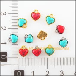 20Pcs Retro Gold Color Tibetan Silver Tone Tiny Heart Blue&Red Stone Charms Pendants 7x8mm