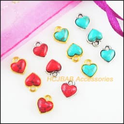 20Pcs Retro Gold Color Tibetan Silver Tone Tiny Heart Blue&Red Stone Charms Pendants 7x8mm
