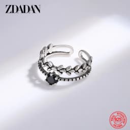 ZDADAN 925 Sterling Silver Double Layer Leaf Obsidian Rings For Women Fashion Jewelry