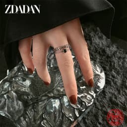 ZDADAN 925 Sterling Silver Double Layer Leaf Obsidian Rings For Women Fashion Jewelry