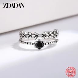 ZDADAN 925 Sterling Silver Double Layer Leaf Obsidian Rings For Women Fashion Jewelry