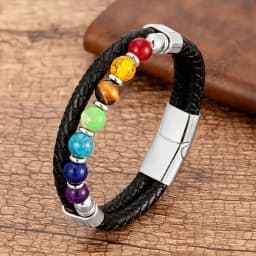 Natural Round Chakra Bead Stone Men's Bracelet Classic Black Genuine Leather Stainless Steel Bangles Women 2020 Fashion Jewelry
