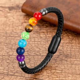 Natural Round Chakra Bead Stone Men's Bracelet Classic Black Genuine Leather Stainless Steel Bangles Women 2020 Fashion Jewelry