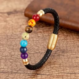 Natural Round Chakra Bead Stone Men's Bracelet Classic Black Genuine Leather Stainless Steel Bangles Women 2020 Fashion Jewelry