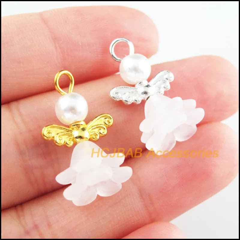 20Pcs Gold Plated, Tibetan Silver Plated White Acrylic Angel Charms 14x22mm