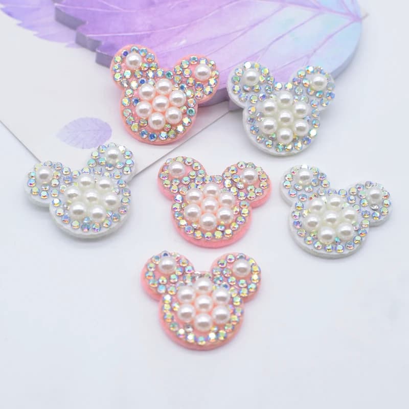20Pcs 25*22mm Padded Rhinestone & Pearl Crystal Mouse Head Applique for DIY Clothes Crafts Shoes Hat Headwear Decor Patches