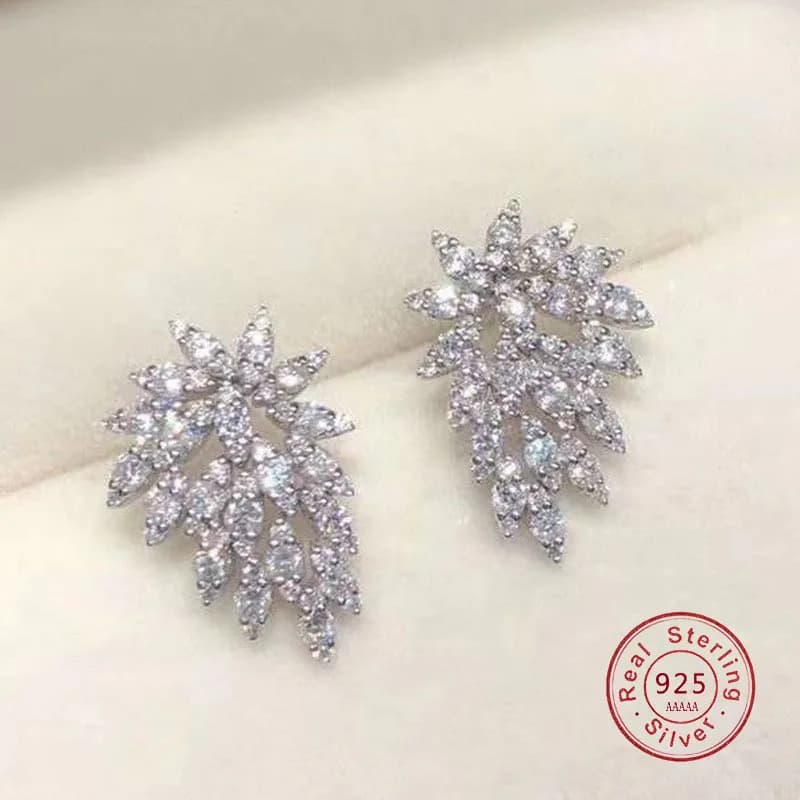 Rhinestone 925 Sterling SIlver Statement Earrings 2021 Geometric Big Leaf Feather Stud Earrings For Women Crystal Wedding Gift