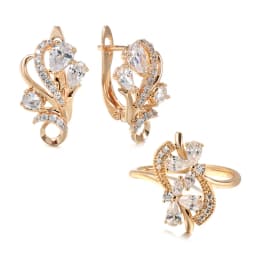 Kinel Luxury 585 Rose Gold Crystal Flower Earrings Ring Sets for Women Natural Zircon Bridal Wedding Vintage Jewelry Sets