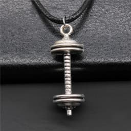 Unisex Retro Vintage Fitness Barbell Weightlifting Weight Film Pendant Faux Black Leather Rope Chain Necklace