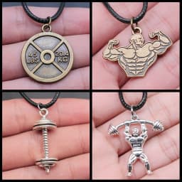 Unisex Retro Vintage Fitness Barbell Weightlifting Weight Film Pendant Faux Black Leather Rope Chain Necklace