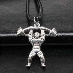 Unisex Retro Vintage Fitness Barbell Weightlifting Weight Film Pendant Faux Black Leather Rope Chain Necklace