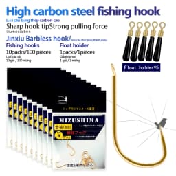 10Bags=100PCS Stainless Steel Hooks+5 Float Seat Shallow Water Non-Brab Hooks Lake Carp Fishing Hooks Tools(Jinxiu Non-Brab)