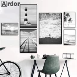Black White Sea Beach Whale Lighthouse Wall Art Poster And Print Landscape Canvas Nordic Art Painting Modern Pictures Home Decor
