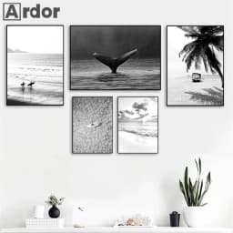 Black White Sea Beach Whale Lighthouse Wall Art Poster And Print Landscape Canvas Nordic Art Painting Modern Pictures Home Decor