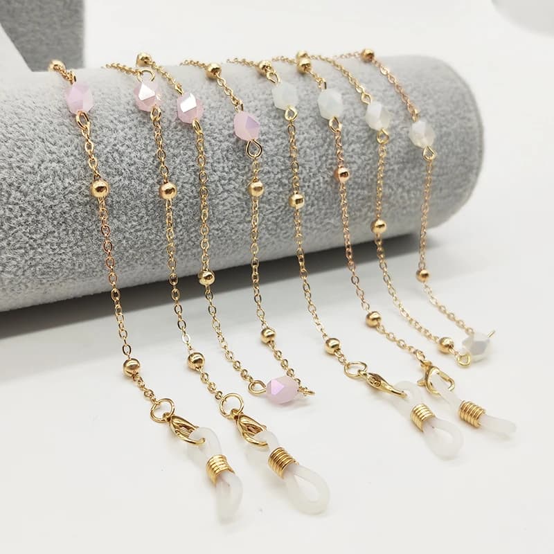 Eyeglasses Chain White Pink Crystal Charm Bead Chain Metal Plated Silicone Loops Sunglasses Accessory Women Necklace Gift