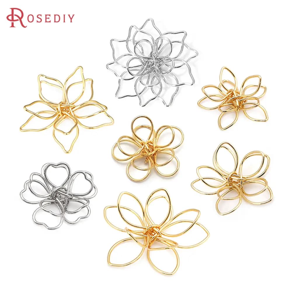 18K Gold Color 3D Wire Flower Charms Pendants High Quality Diy Jewelry Making Necklace Earrings Accessories for Women