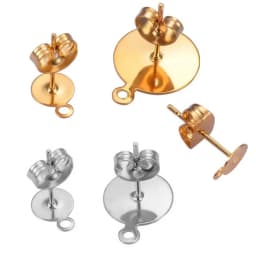 30pcs/lot 5/6/8/10/12mm Stainless Steel Blank Earring Studs Post Pins with Loop Flat Round Tray Base Ear For DIY Jewelry Making